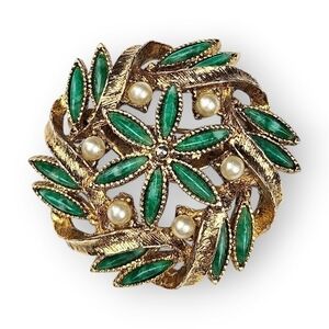 Vintage Flower Brooch Domed Brushed Gold Plate Faux Seed Pearl Green Rhinestone